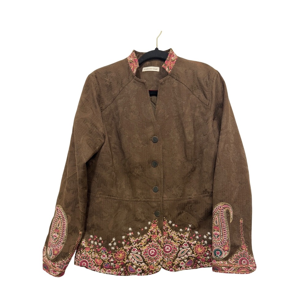Coldwater Creek Brown Paisley Jacquard Embroidered Blazer Jacket Boho Women L